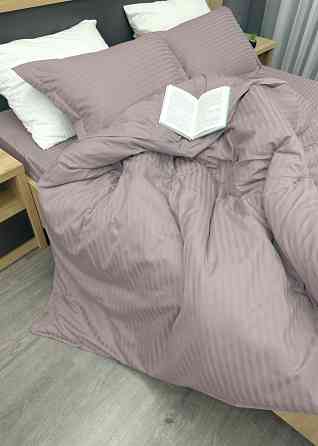 Комплект постельного белья Страйп-сатин Полуторный с простыней на резинке 140х200х25, пододеяльник 150х220, 2 наволочки 70х70 Лилово-серый (88-210) Киев