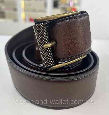 Універсальний чоловічий ремінь з коричневої шкіри із оригінальною пряжкою 40 мм PS Leather Київ