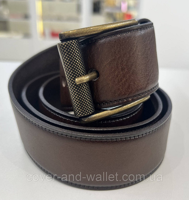 Мужской кожаный ремень под джинсы с золотистой пряжкой в коричневом цвете 40 мм PS Leather Киев - изображение 2