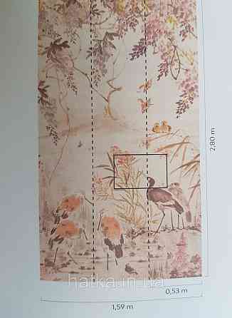 Шпалери вінілові Grandeco One roll one motif 1.59x2.8 панно птиці гілки квіти рожеві коричневі Київ