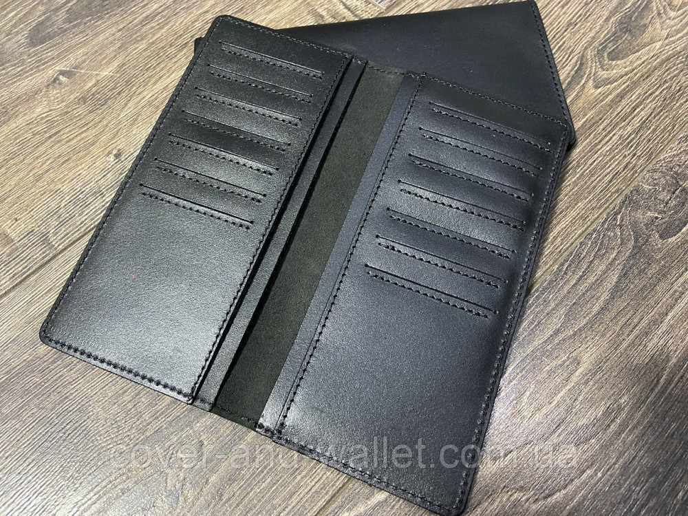Тонкий мужской кожаный кошелёк купюрник черного цвета ручной роботы SHVIGEL Киев - изображение 4