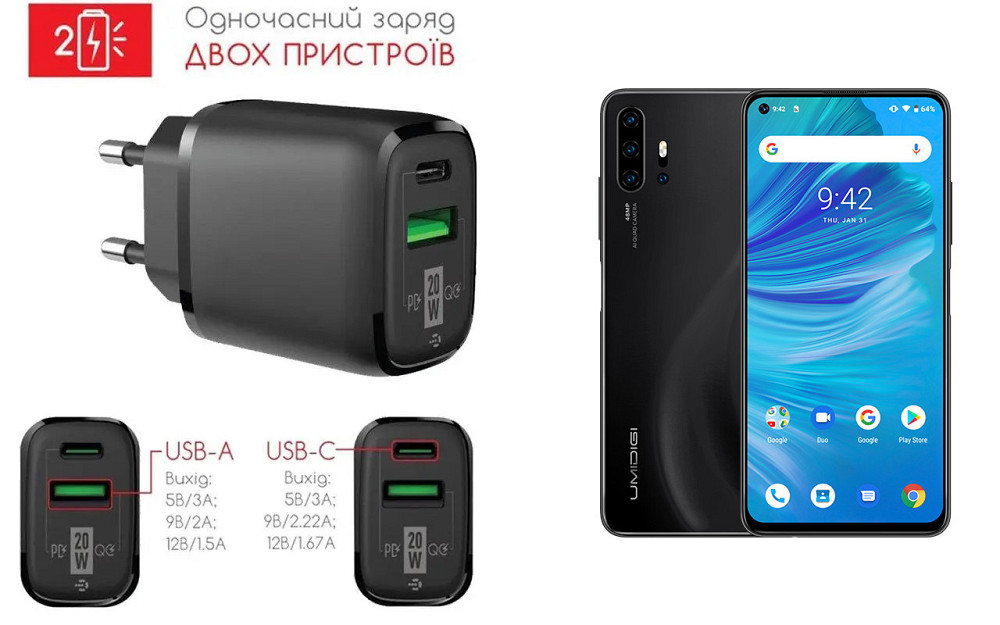 Сетевое зарядное устройство для UMIDIGI F2, 20W 3A, Quick Charge 3.0 Киев - изображение 1