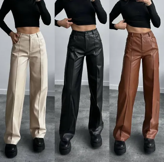 Прямые женские эко-кожаные брюки с флисом и стрелами Харьков