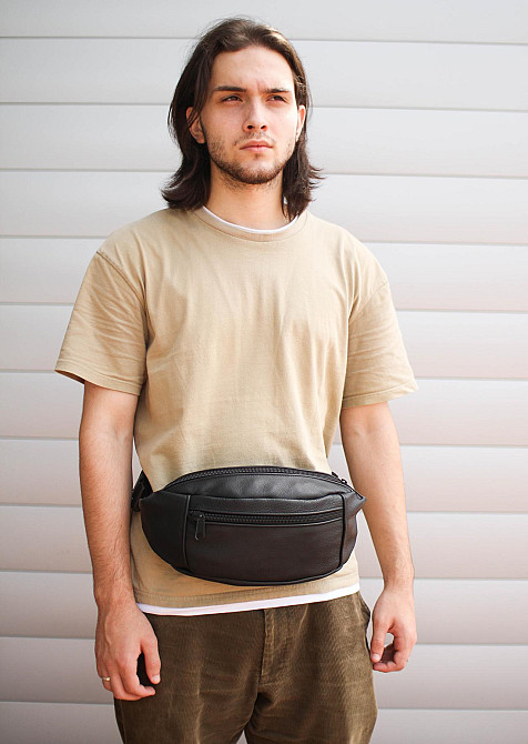 Кожаная мужская бананка, поясная сумка SL003 (Черная) Сумы - изображение 4
