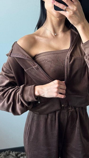 Жіночий плюшевий прогулянковий костюм-трійка: кофта топ і штани велюр Шоколад, 44/46 Одеса - фото 6