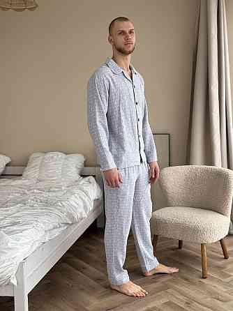 Чоловічий домашній костюм з муслінової тканини на ґудзиках Сірий M-L Харків