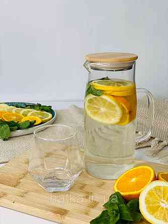 Глечик скляний "Арроу-бамбо" 1500 мл для напоїв прозорий із бамбуковою кришкою Київ