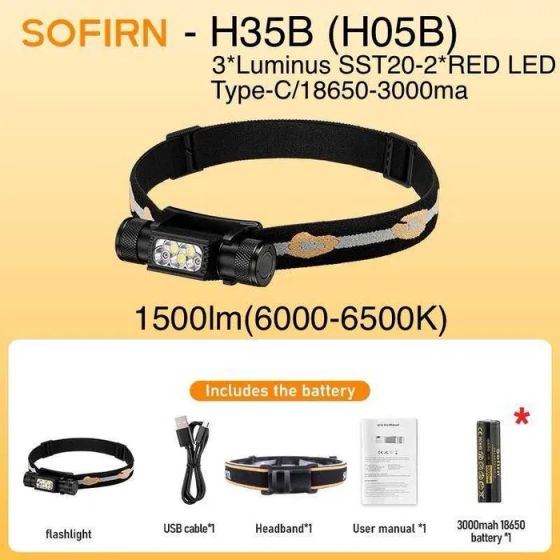 Налобний ліхтар Sofirn H35B (H05B) SST20 1500 лм 6500 K 660nm із зарядкою від USB-С (Червоне світло) Київ