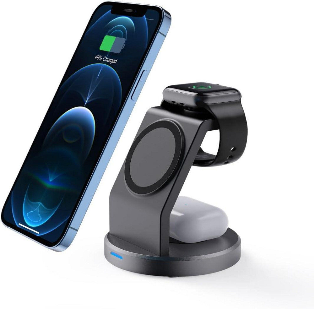 Магнітна зарядна док-станція СтенД 3в1 W11AP-23W Lightning для телефона годинника та навушників Чорний Київ - фото 5