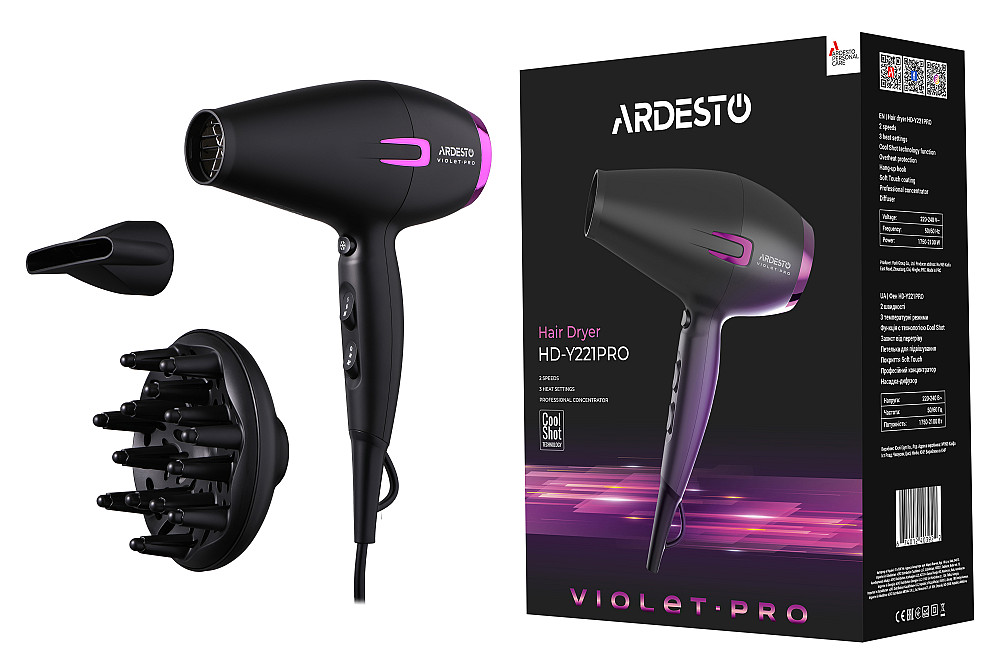 Фен ARDESTO Violet PRO HD-Y221PRO ,1750-2100Вт, 2 швидкості, 3 темп.режими, дифузор, чорний Київ - фото 8