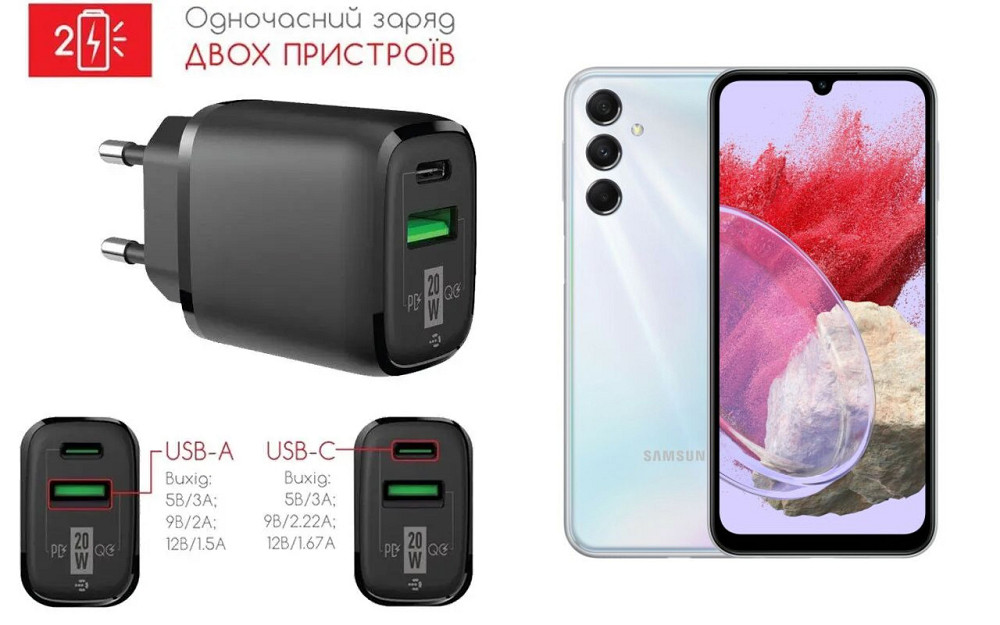 Сетевое зарядное устройство для Samsung Galaxy M34, 20W 3A, Quick Charge 3.0 Киев - изображение 1