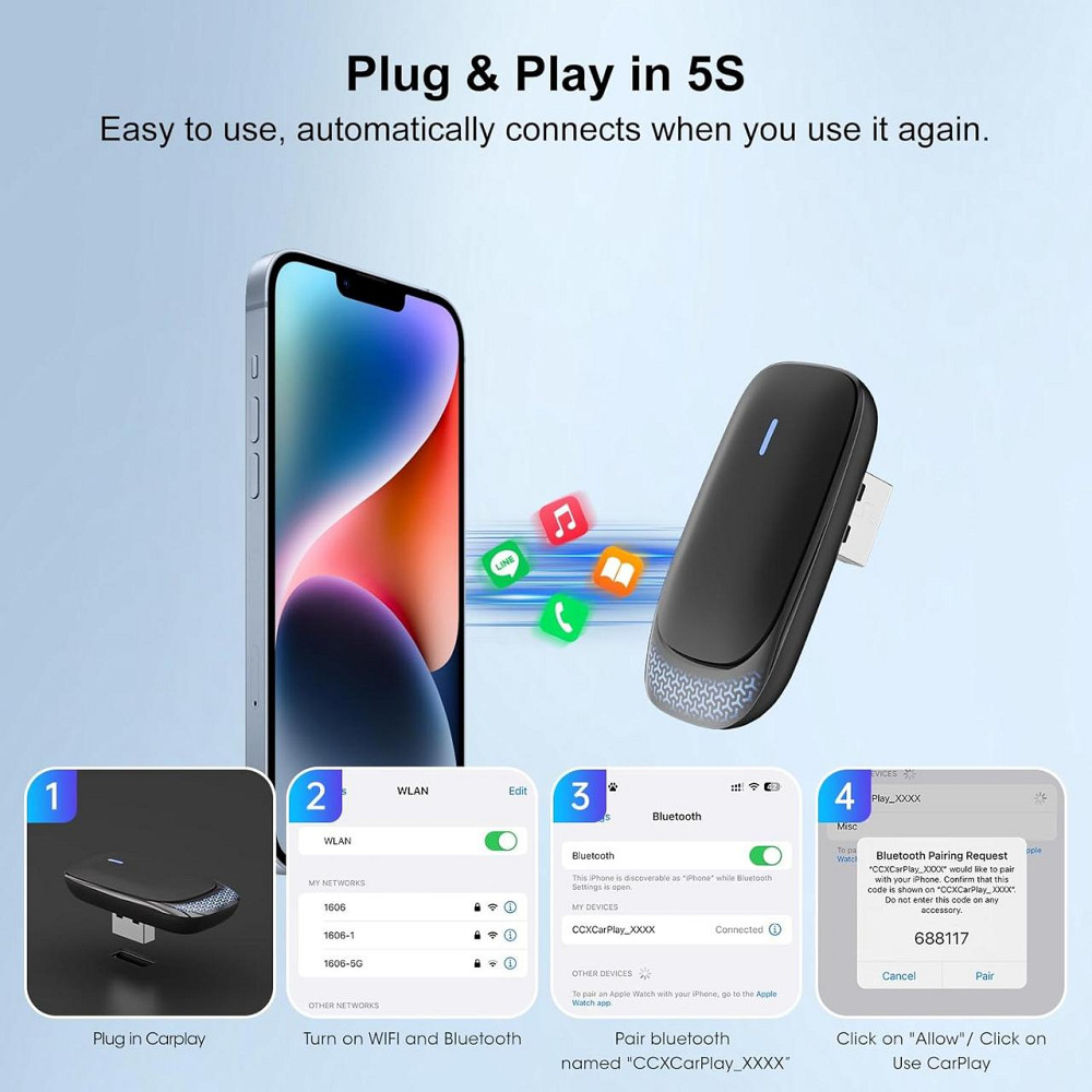 CarPlay бездротовий адаптер для iPhone iOS 10+, перехідник з дротового на бездротовий карплей для авто 2016+ з підсвіткою Київ - фото 8