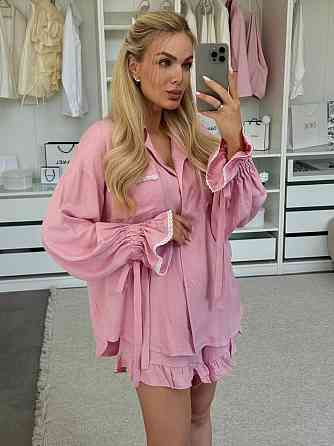 Жіночий літній костюм-двійка: сорочка та шорти з рюшами льон Барбі Одеса