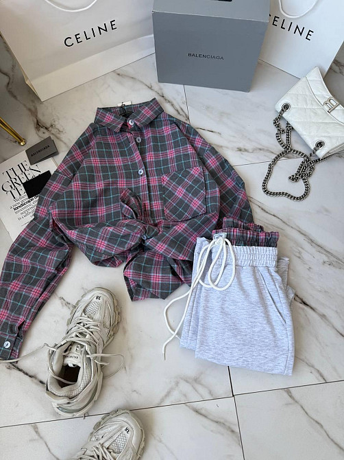 Женский повседневный костюм двойка: рубашка в клетку и штаны фланель + двунитка Одесса - изображение 3