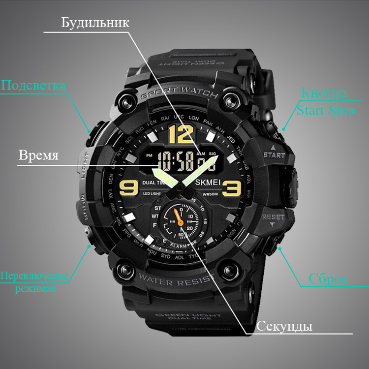Чоловічий спортивний наручний годинник Skmei 1637 водонепроникні (Чорні) Вінниця - фото 9