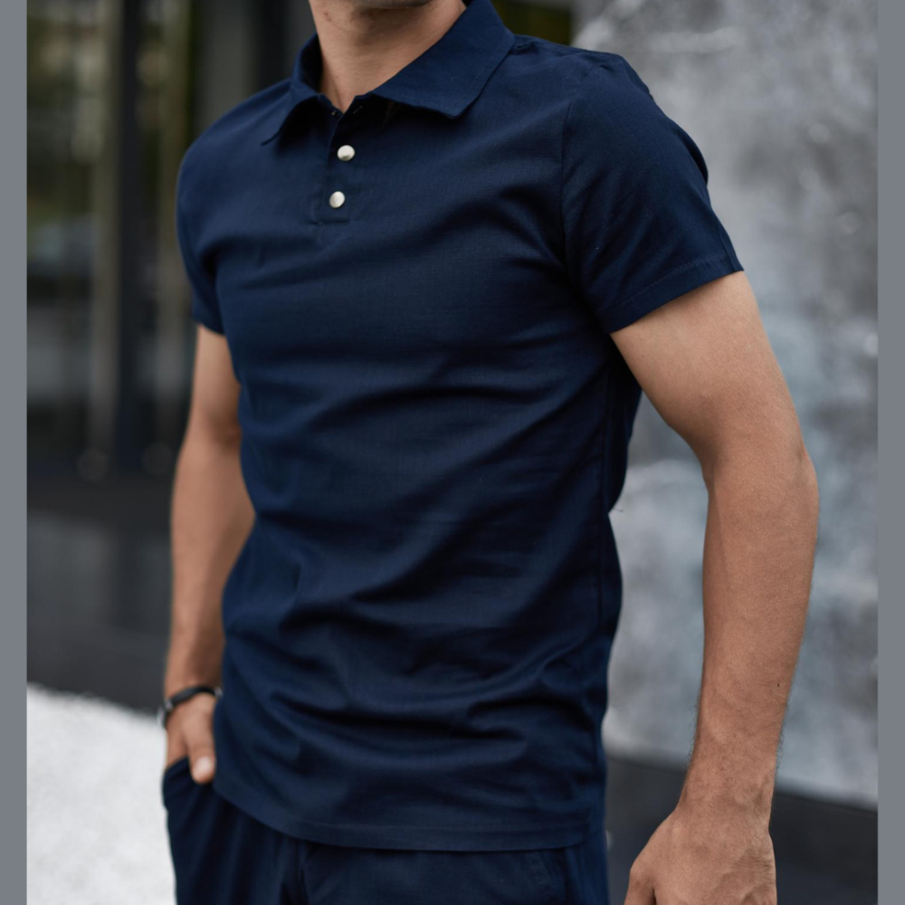 Стильная футболка поло Flax из льна мужская polo тенниска лен повседневная синяя XXL Одесса - изображение 1