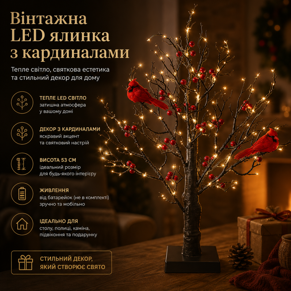 Вінтажна LED ялинка 53 см з кардиналами — тепле світло, святкова естетика та стильний декор для дому Київ - фото 11