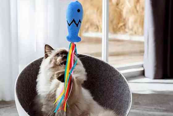 Игрушка-палочка с рыбкой и колокольчиком для котиков 40 см голубой Киев