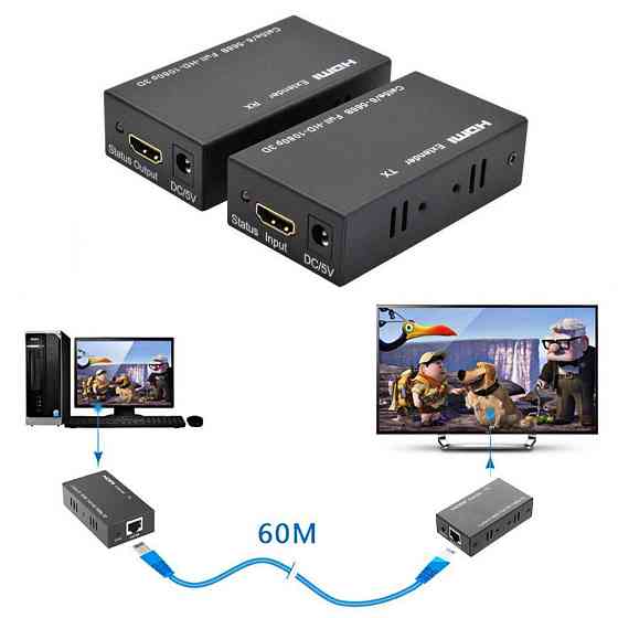Активный HDMI удлинитель по витой паре предназначен для передачи видео и аудио сигналов на расстояние до 60 м Киев