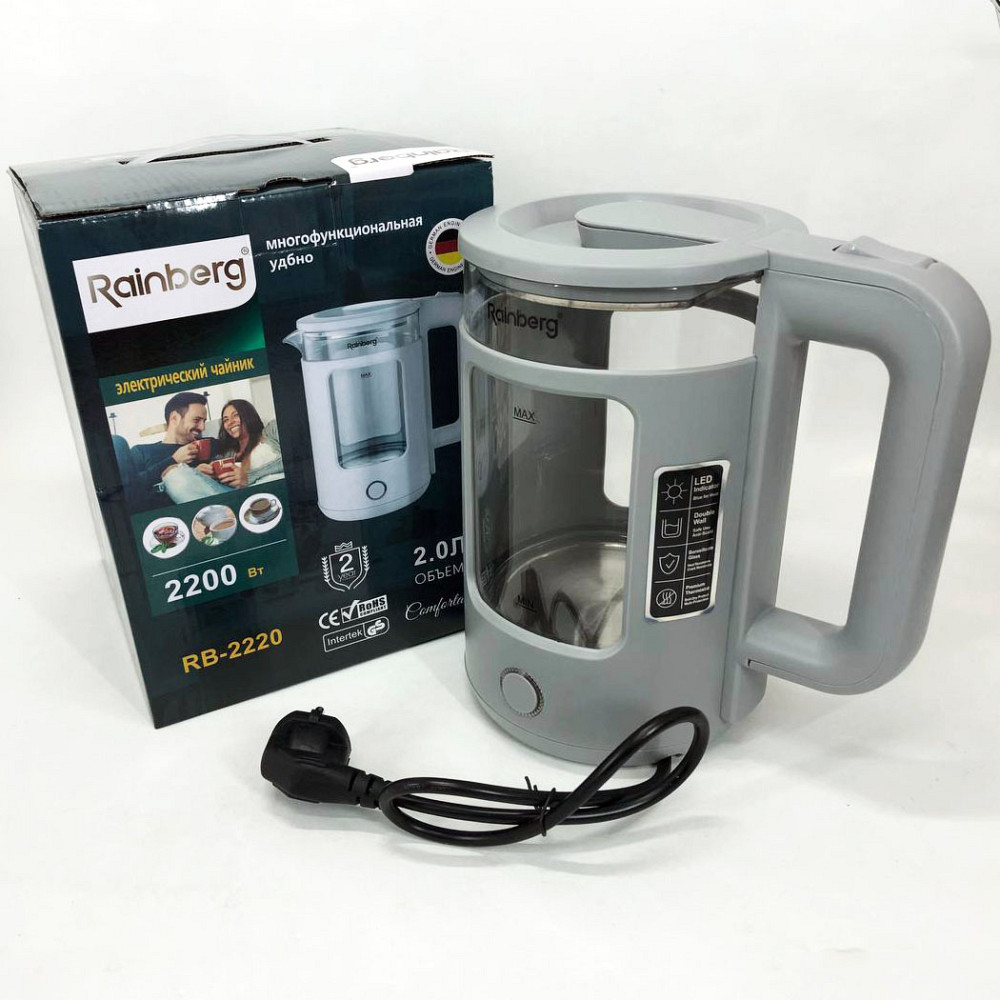 Електрочайник скляний з підсвічуванням потужний Rainberg RB-2220 2200 Вт 2 л, Потужний кухонний чайник OK-82 Львів - фото 5