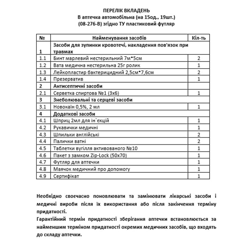 Аптечка автомобільна АМА-1 пластикова в плівці (15од., 19шт.) Київ - фото 3