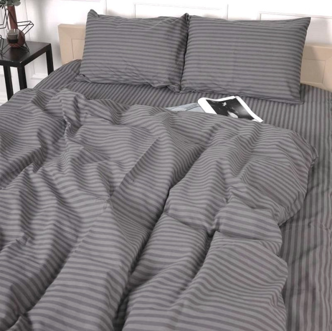 Комплект постільної білизни Ideal Textile бязь графіт тауп в смужку Двоспальний Євро Чернівці - фото 1