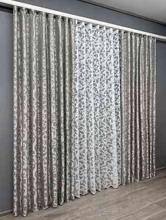 Комплект штор VR-Textil Жакард Вензель 150х270 2шт і Тюль 600х270 293ш-1147т Сірий з білим 71-098/5 Київ
