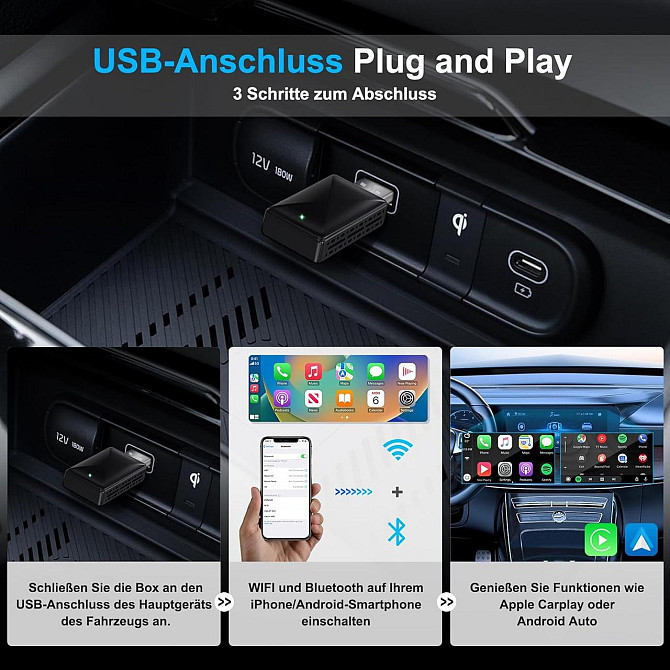 Бездротовий автомобільний смарт адаптер CarPlay Android Auto Wi-Fi6, Bluetooth 5.0 USB-C-A для авто  Київ - фото 4
