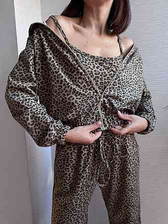 Жіночий леопардовий костюм-трійка з подвійним капюшоном двонитка Коричневий, 46/48 Одеса