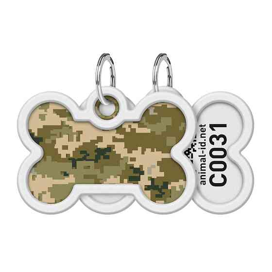 Адресник для собак і котів металевий WAUDOG Smart ID з QR паспортом, малюнок "Мілітарі", кістка, Д 40 мм, Ш Вінниця