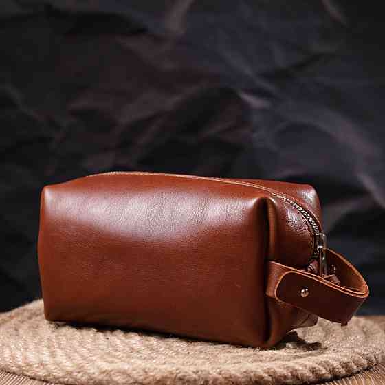 Чоловічий несесер середнього розміру з гладкої шкіри на блискавці Світло-коричневий (GRANDE PELLE) Київ