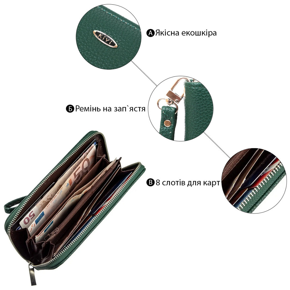 Гаманець жіночий на одну блискавку з екокожі флотар KIVI 19017 Зелений Київ - фото 1