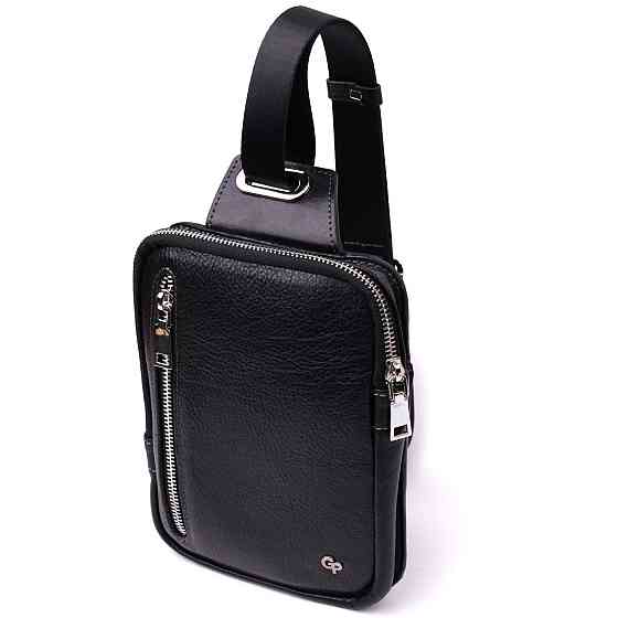 Мужская прямоугольная сумка бананка из зернистой натуральной кожи Черный (GRANDE PELLE) Киев