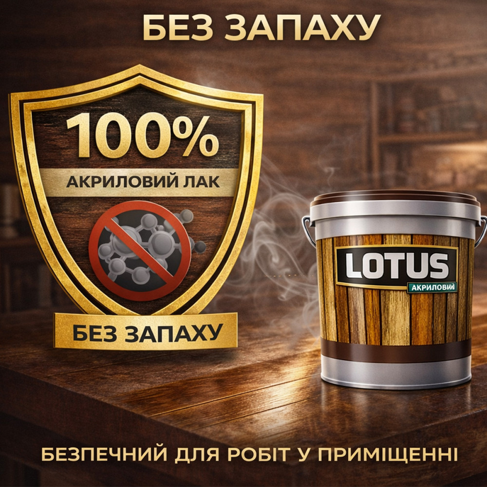 Лак для дерева кольоровий LOTUS Дуб світлий, глянцевий, без запаху, зносостійкий, для внутрішніх та зовнішніх робіт, 10 л Харків - фото 7