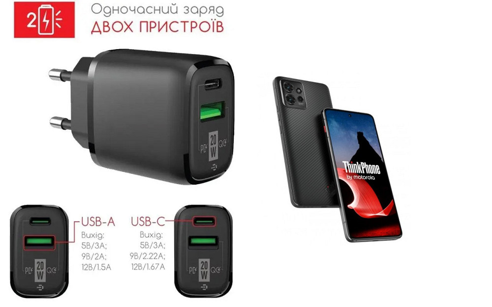 Сетевое зарядное устройство для Motorola ThinkPhone, 20W 3A, Quick Charge 3.0 Киев - изображение 1