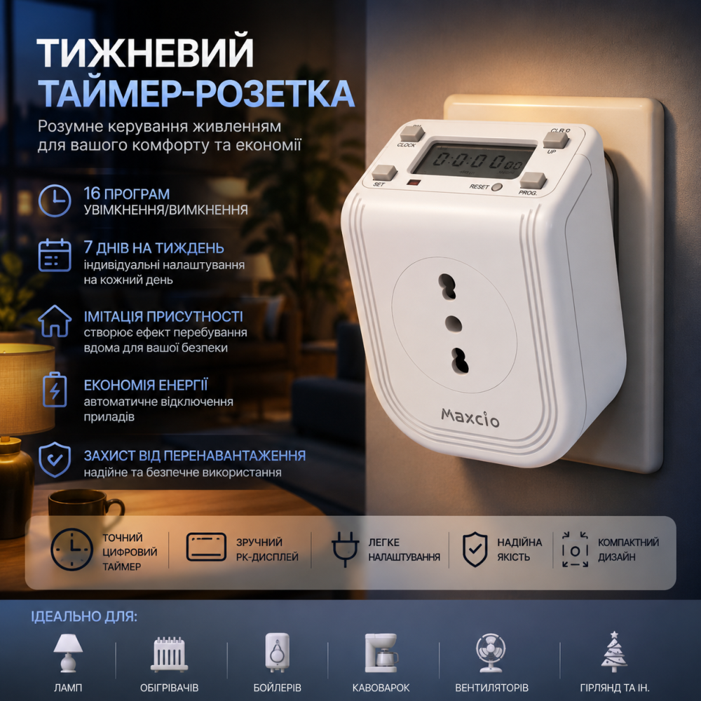 Тижневий електронний таймер-розетка Maxcio міні-цифровий з РК-дисплеєм та функцією «Імітація присутності» (16 програм) Київ - фото 9