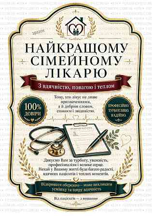 Етикетка на пляшку вина або ігристого для сімейного лікаря | Подарункова етикетка та контретикетка “Найкращому сімейному лікарю” | Одеса
