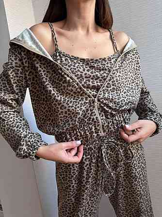 Жіночий леопардовий костюм-трійка з подвійним капюшоном двонитка Коричневий, 46/48 Одеса