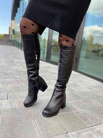 Чоботи жіночі TWO STEPS чорні натуральна шкіра зима высота 42см обхват голени 36-38см каблук 8с Коломия
