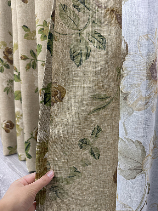 Комплект штор VR-Textil Лен Прованс 100х270 2шт и Тюль 400х270 2081ш-1865т Бежевый с коричневым и белым 71-209/2 Киев - изображение 6