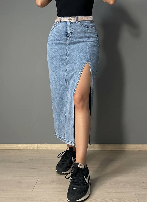Юбка женская джинсовая Vanver 2030 длинная с боковым разрезом и ремнем голубая, голубой, 30, 30, 81 см, 103 см Киев - изображение 4