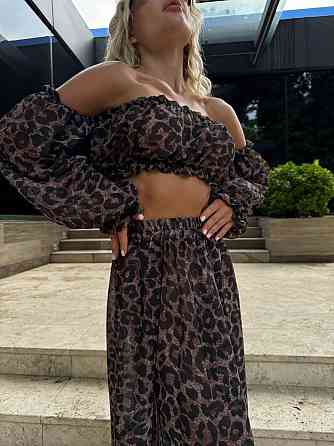 Женский летний леопардовый костюм двойка: топ и юбка шифон Одесса
