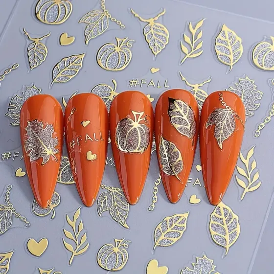 3D наклейки для нігтів Осінь і Хелловін – гарбузи, привиди, павутина, листя, золотий декор 2 аркуші Київ