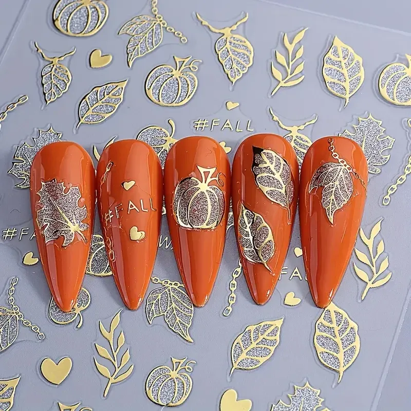 3D стикеры для ногтей Осень и Хэллоуин – тыквы, привидения, паутина, листья, золотой декор 2 листа Киев - изображение 6