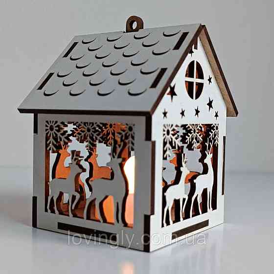 Новорічні іграшки з LED підсвіткою. Будиночок 10см Декор "Олені". Ірпінь