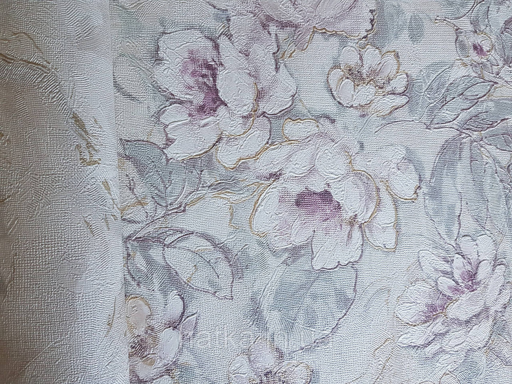 Шпалери метрові вінілові на флізелін Grandeco Poem квіти троянди структурні бузкові зелені на білому Київ - фото 2