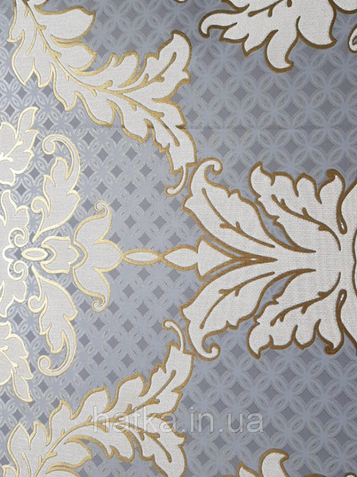 Шпалери вінілові на флізелін метрові Marburg Kingdom 31503 вензелі завитки молочні з золотом на сірому тлі Київ - фото 3