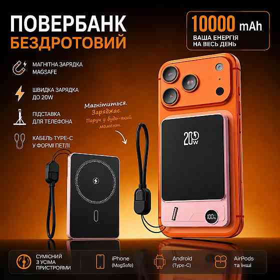 Повербанк беспроводной 10000 mAh с магнитной зарядкой 15W, быстрой зарядкой 20W, кабелем Type-C и подставкой MagSafe Каменец-Подольский