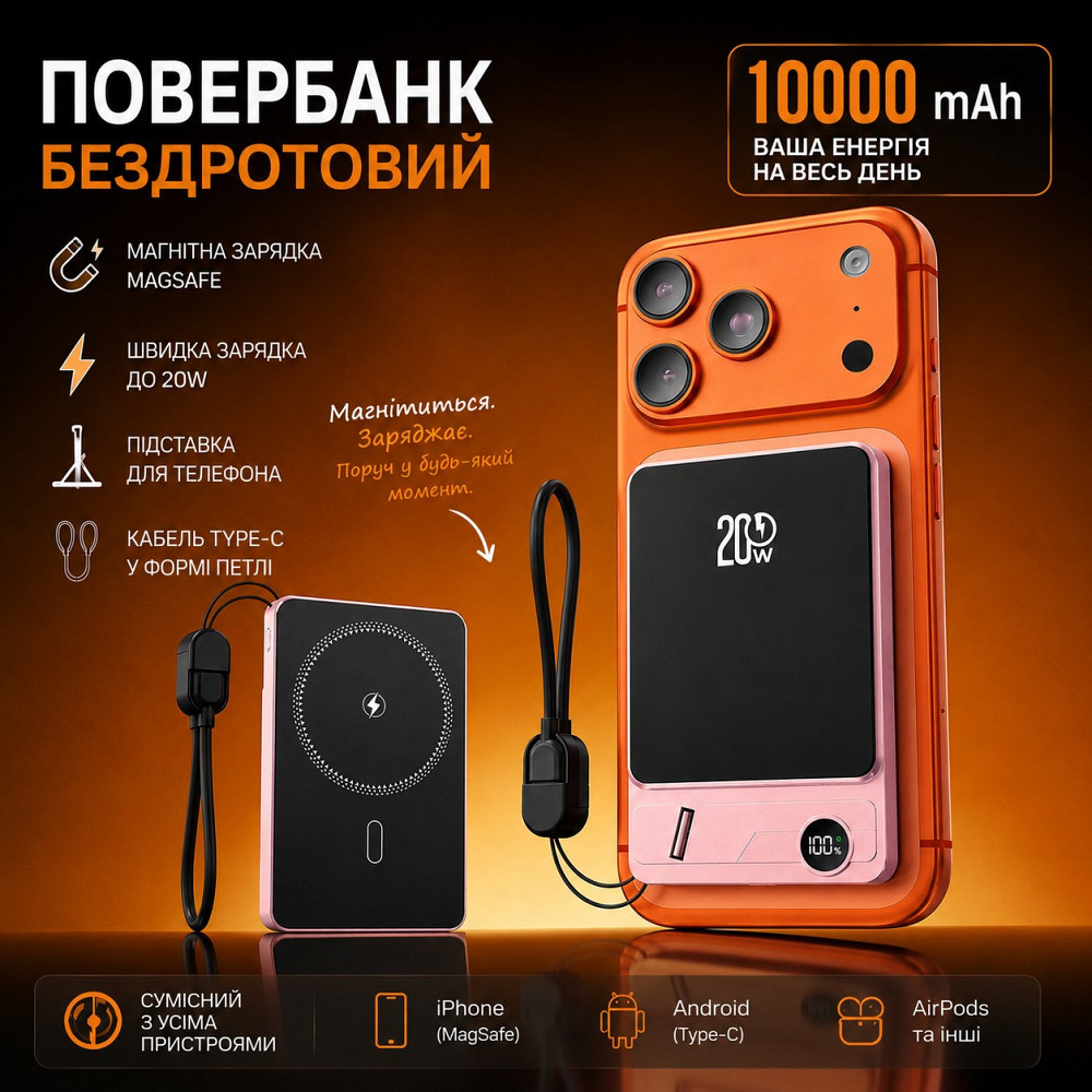 Повербанк беспроводной 10000 mAh с магнитной зарядкой 15W, быстрой зарядкой 20W, кабелем Type-C и подставкой MagSafe Каменец-Подольский - изображение 1