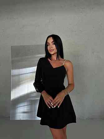 Женское праздничное мини платье на одно плечо костюмка с шифоновыми рукавами Черный, 44 Одесса